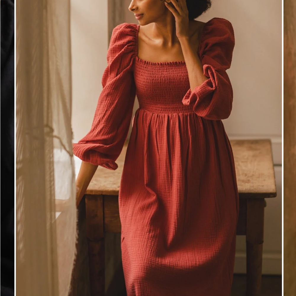 Smocked Square-Neck Long Sleeve Midi Dress - Rust